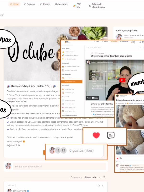 O clube CCC por dentro – tem grupos de conversa e cursos O Clube CCC oferece cursos exclusivos para aprender a cozinhar sem glúten, sem leite e sem ovos. Inclui fermentação natural, menus semanais, receitas testadas e aulas ao vivo. Descobre como substituir ingredientes e transformar a tua alimentação de forma simples e prática.