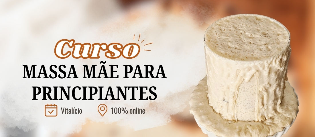 Banner do Curso de Massa Mãe para Principiantes, com fermento natural crescido dentro do frasco