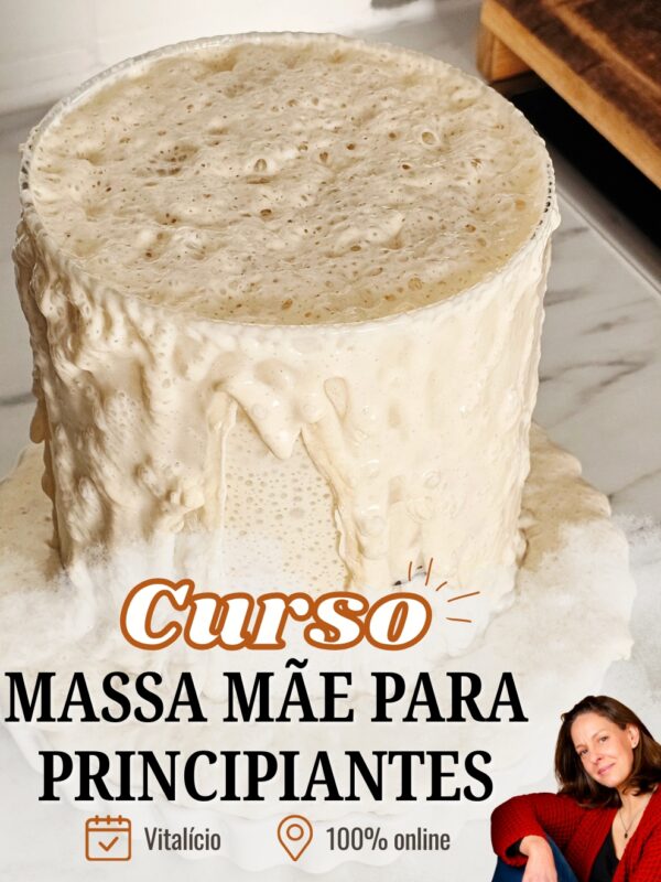 Capa do Curso de Massa Mãe para Principiantes, com fermento natural crescido a transbordar do frasco